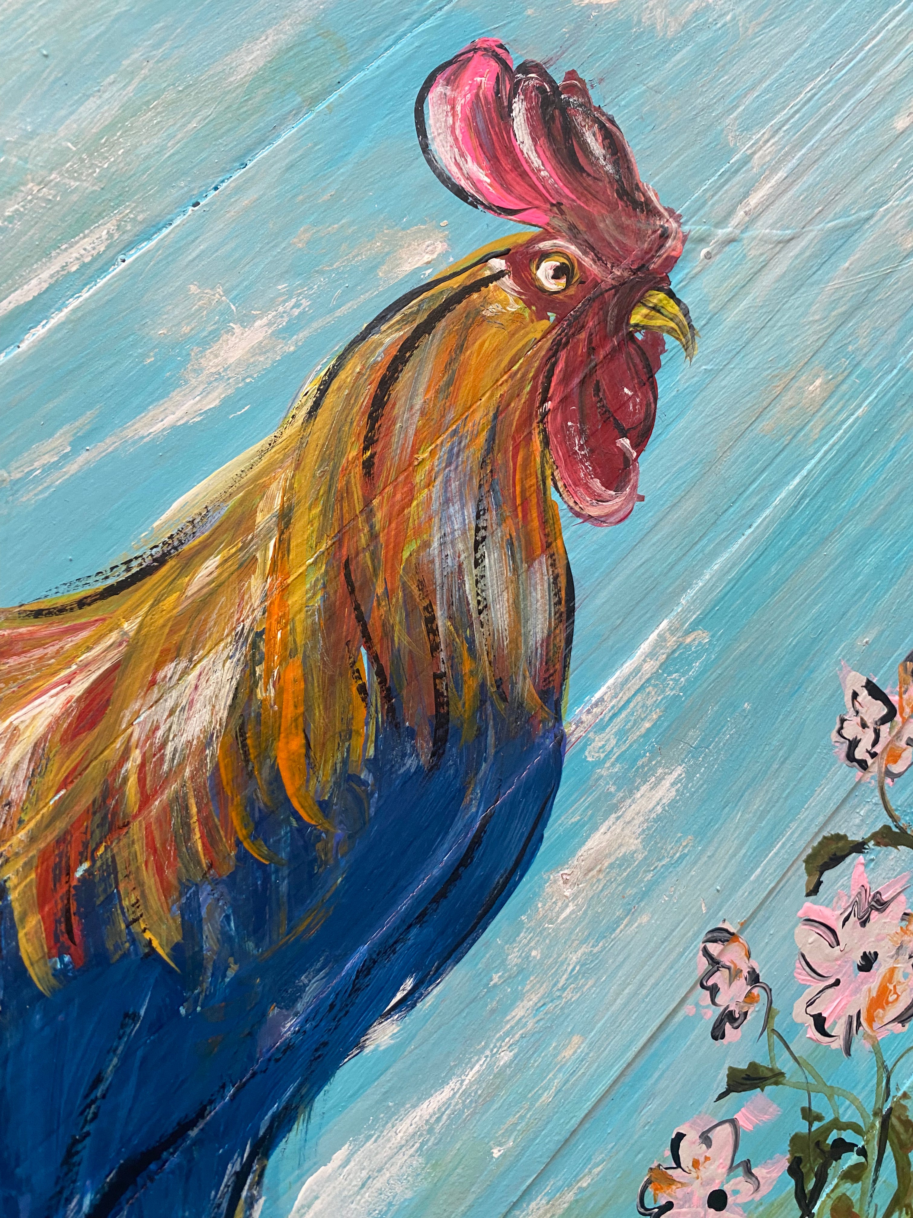 Rainbow Rooster- Original painting on wood