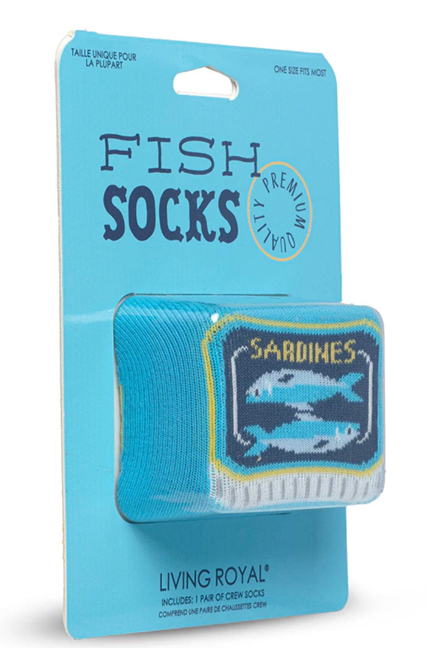 Packaged fish-themed socks with a blue background
