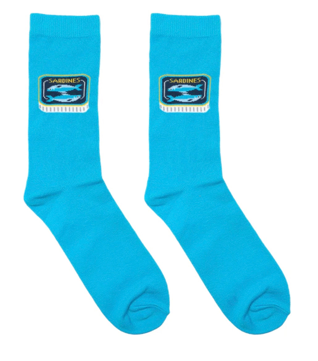 Pair of blue socks with a logo on a white background