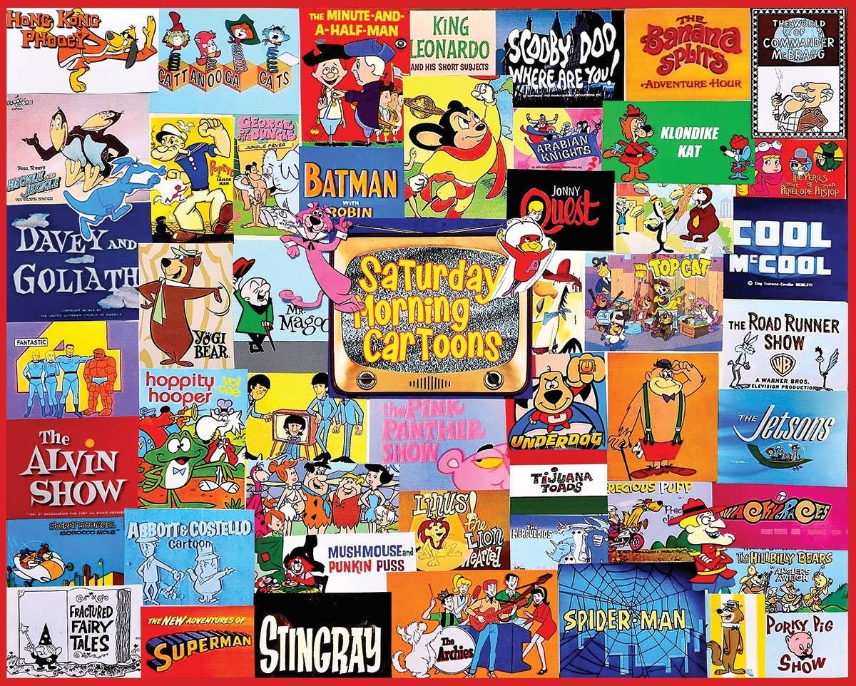 A dense collage of many colorful cartoon poster and cover designs filling the frame, including visible titles such as Batman, Spider-Man, The Flintstones, Looney Tunes, The Simpsons, and Saturday Morning Cartoons.