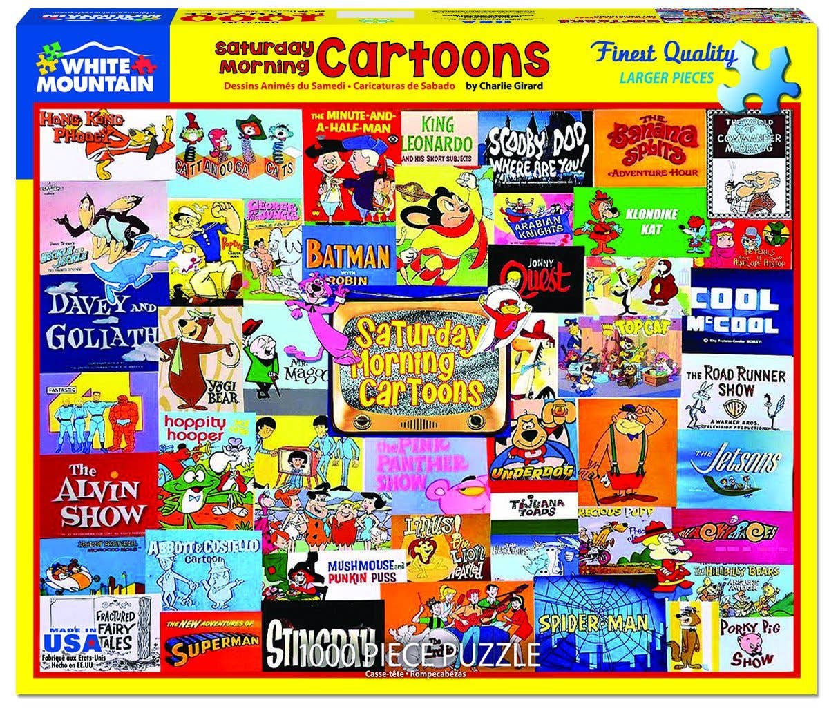 Jigsaw puzzle box featuring Saturday Morning Cartoons with colorful illustrations of various cartoon characters.