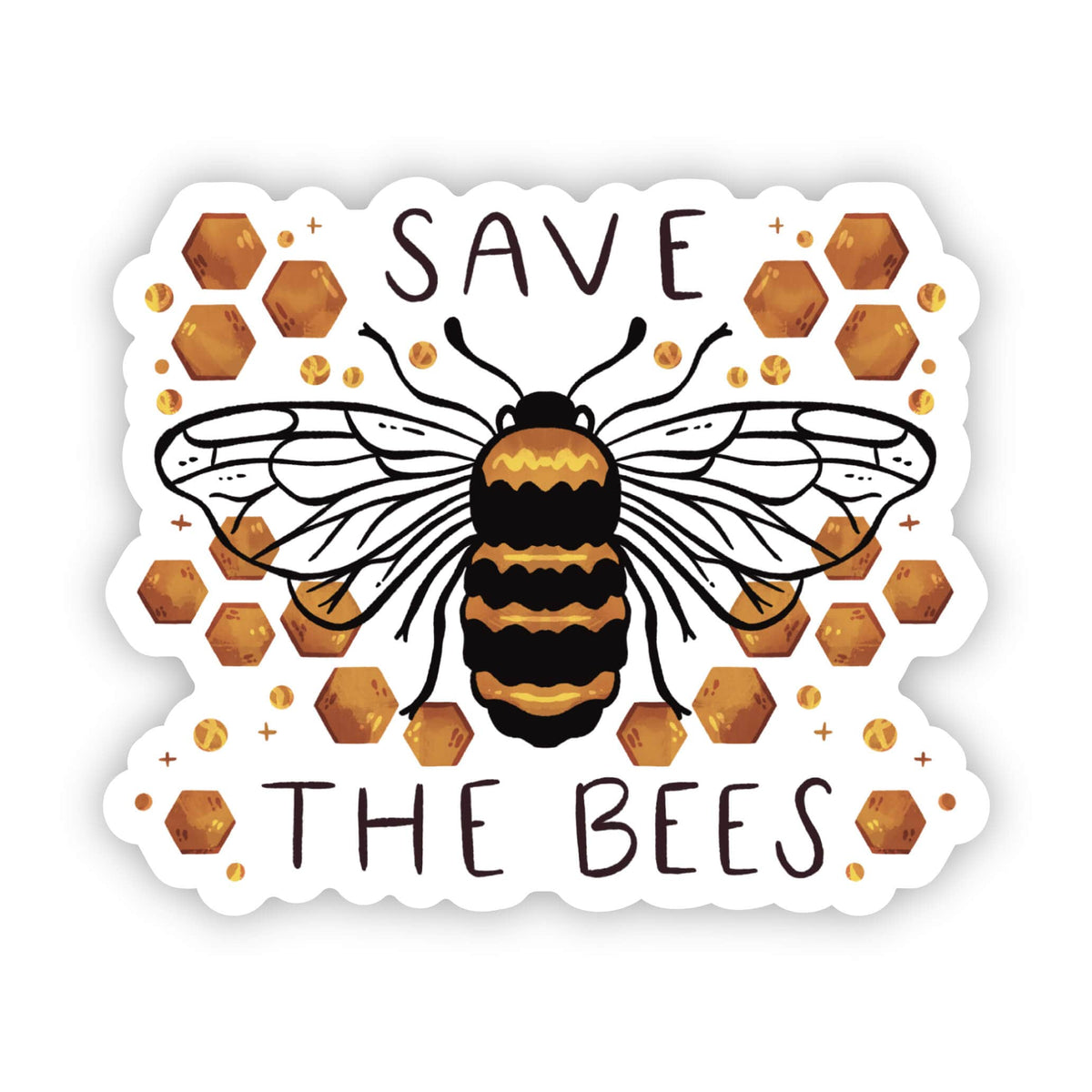 Sticker with a bee illustration and 'Save the Bees' text on a white background