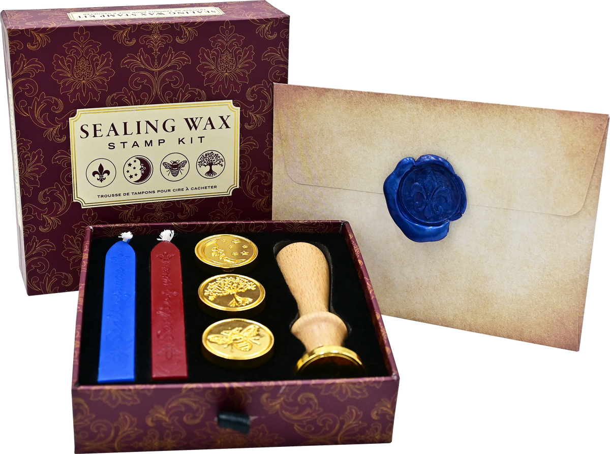Sealing wax stamp kit with candles, stamp, and a sealed envelope on a white background