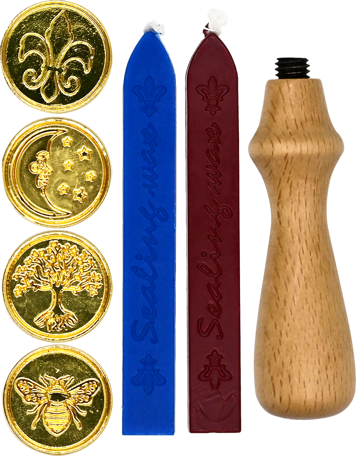 Set of wax seals with wooden handle and branding on a white background