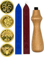 Load image into Gallery viewer, Set of wax seals with wooden handle and branding on a white background
