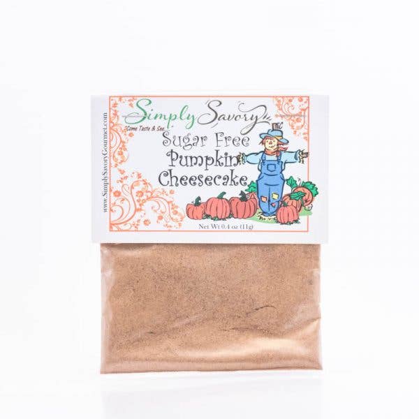 Package of Simply Savory's Sugar Free Pumpkin Cheesecake mix with a scarecrow and pumpkins design on the label.