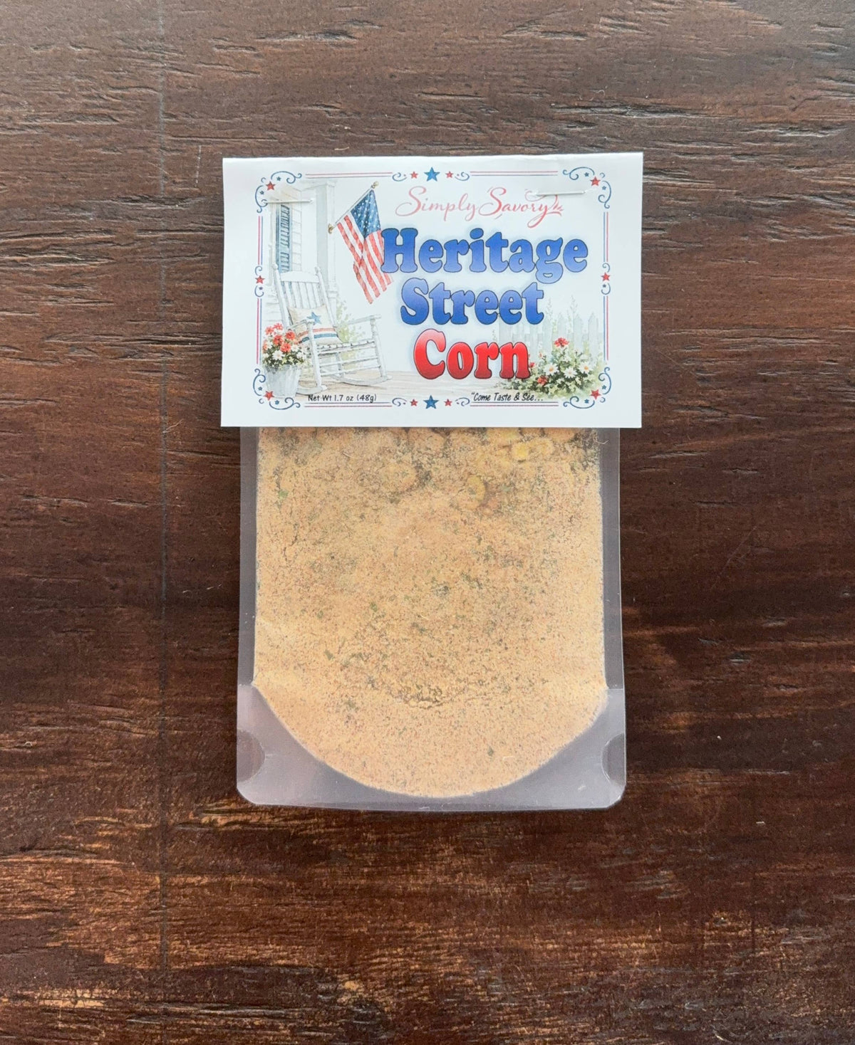 Package of 'Heritage Street Corn' on a wooden surface