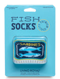 Packaged fish-themed socks with 'Sardines' design on a blue background, brand 'Living Royal' visible.
