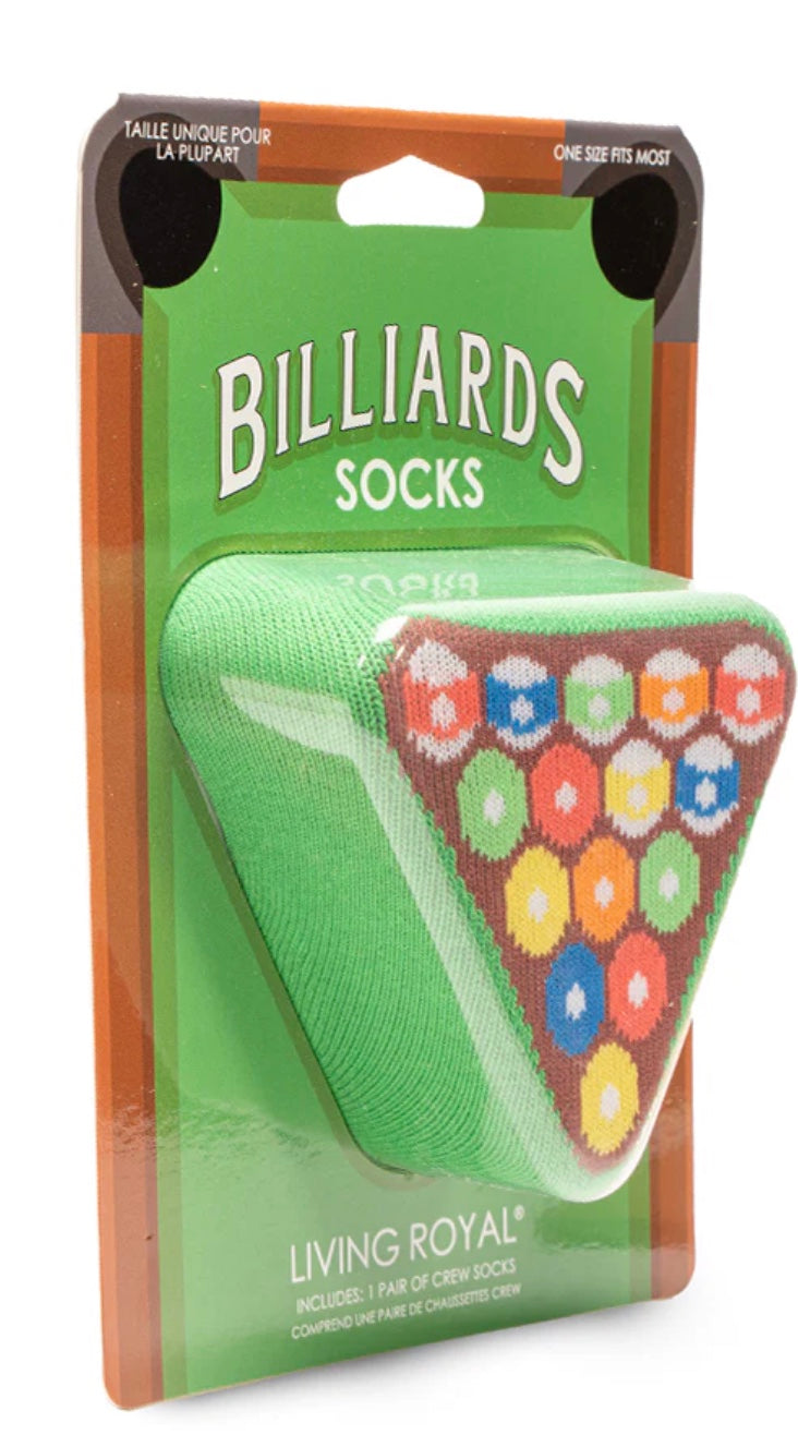 Packaged billiards-themed socks with colorful design on a white background