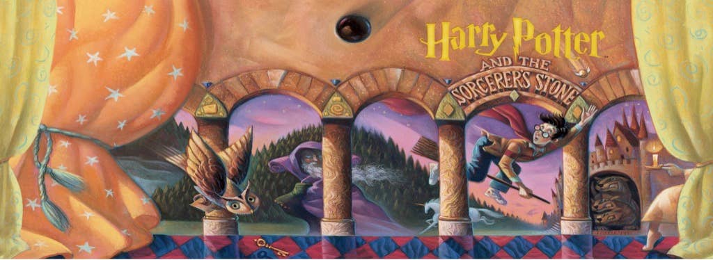 Book cover of 'Harry Potter and the Sorcerer's Stone' with a castle and characters.