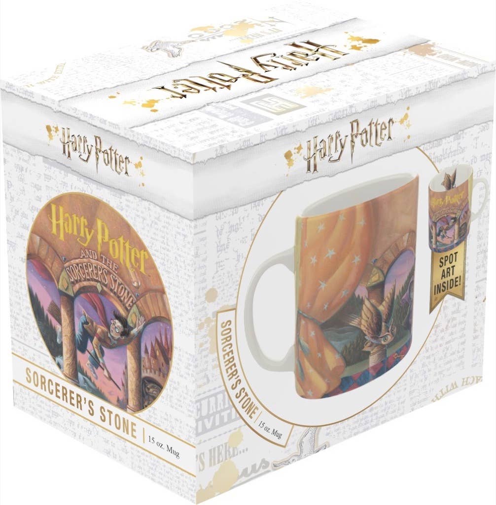 Harry Potter mug packaging with 'Sorcerer's Stone' design on a white background