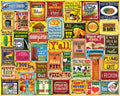 A dense collage of many vintage-style wooden sign designs with colorful rustic text, illustrations, and motifs including a rooster, cow, baby, fruit, and phrases such as 'Y'all', 'Highfalutin', and 'Gimme some'.