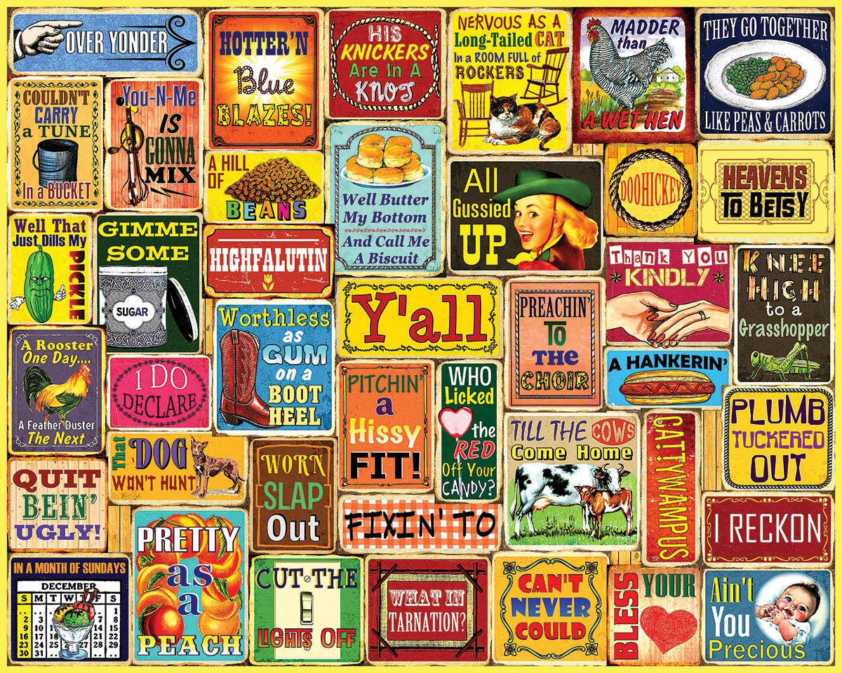 A dense collage of many vintage-style wooden sign designs with colorful rustic text, illustrations, and motifs including a rooster, cow, baby, fruit, and phrases such as 'Y'all', 'Highfalutin', and 'Gimme some'.
