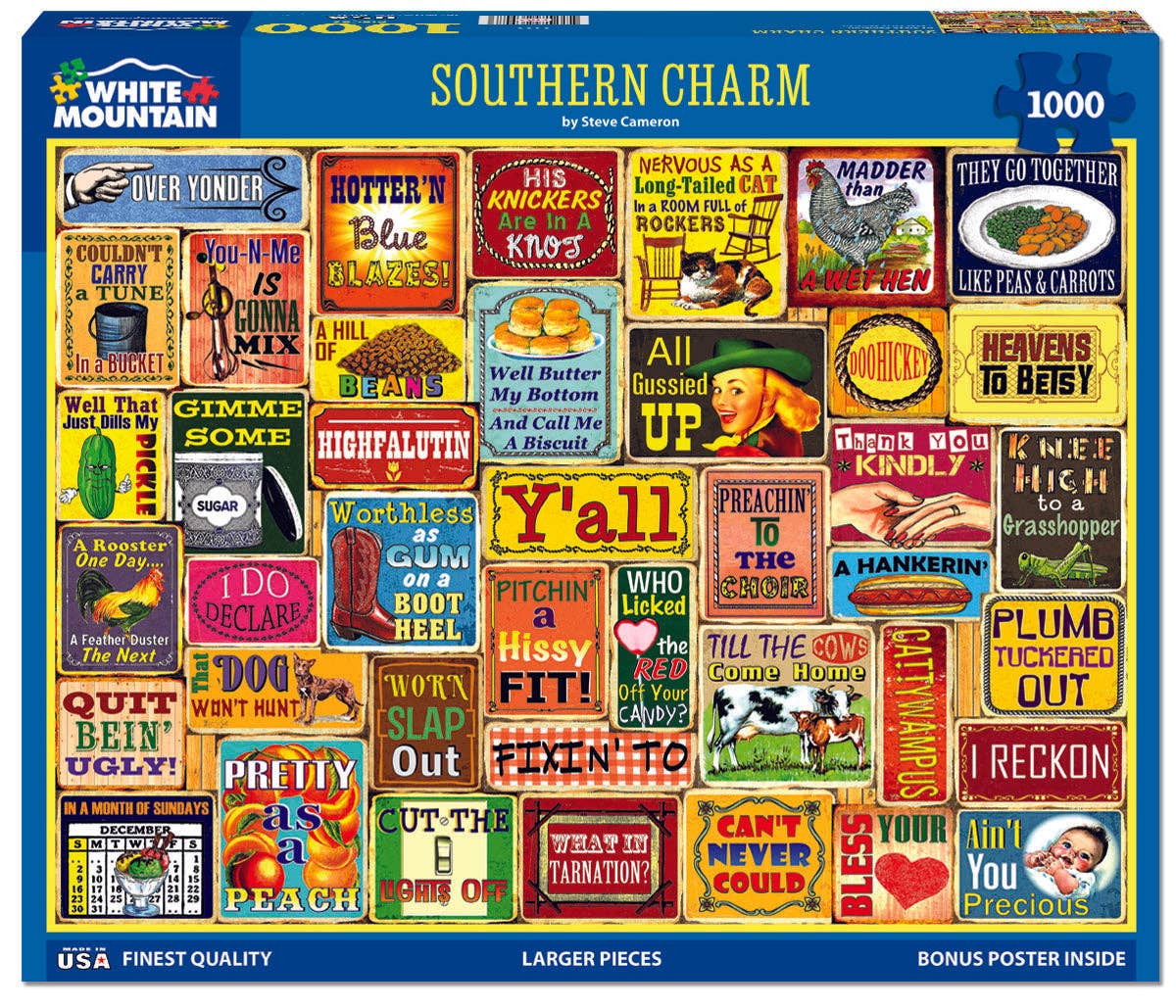 Jigsaw puzzle box with colorful graphics and text, featuring the title 'Southern Charm' by White Mountain Puzzles.