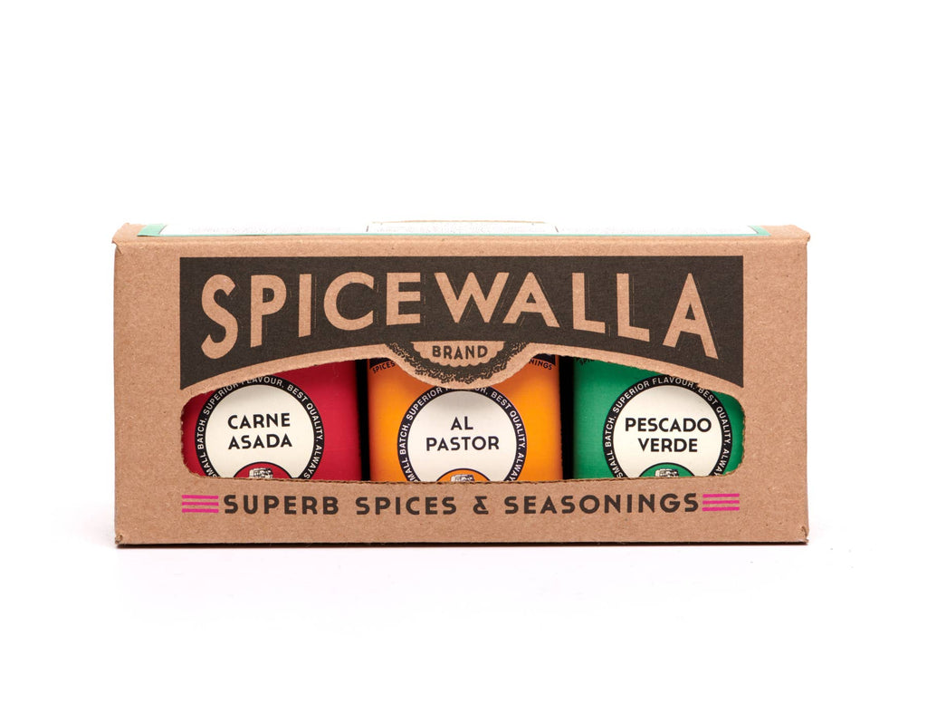 Spicewalla spice set packaging with four colored containers on a white background