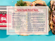 Load image into Gallery viewer, Carne Asada Street Tacos recipe card with ingredients and preparation instructions on a blue background.
