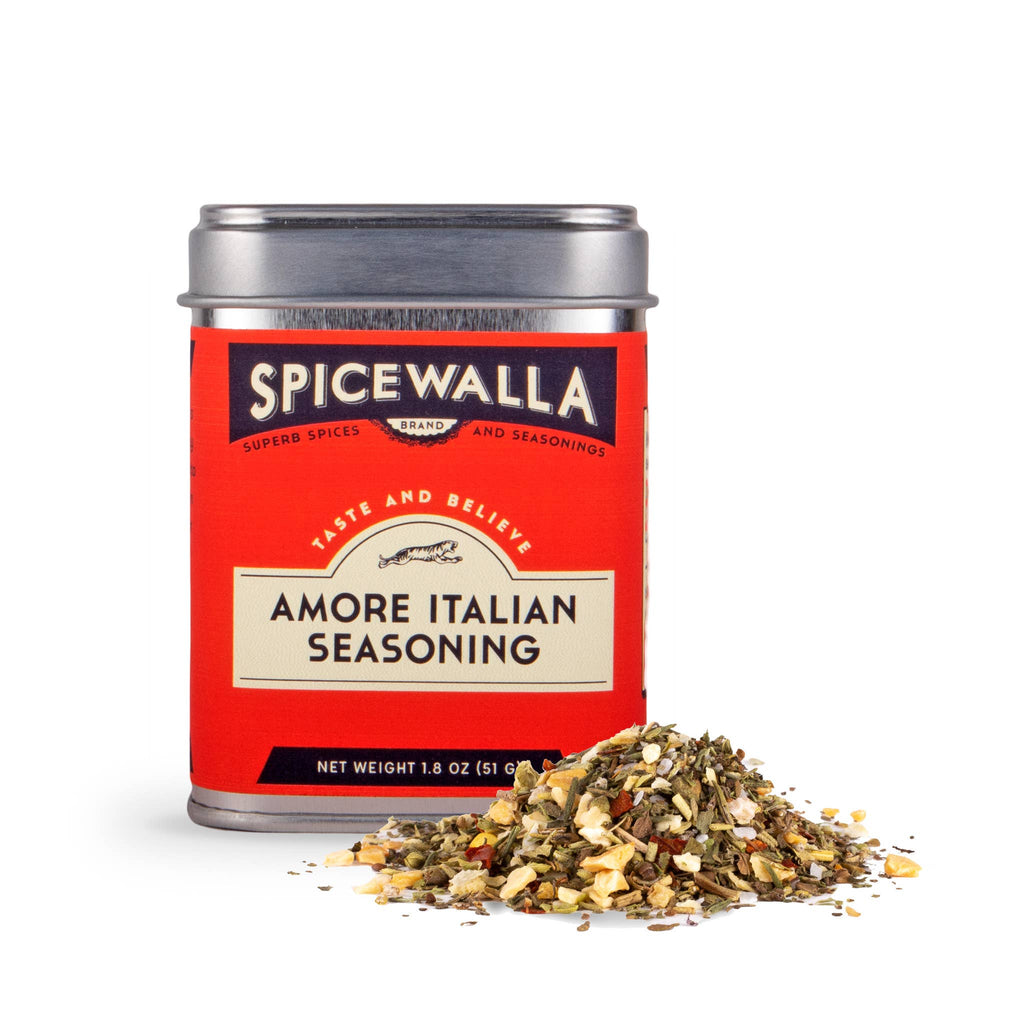 Spicewalla Amore Italian Seasoning can with open lid on a white background
