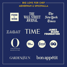 Load image into Gallery viewer, Logos of various media outlets on a blue background with text 'Big Love for Chef Meherwan &amp; Spicewalla'.

