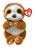 Ty Beanie Babies Sloth plush toy with brown and white fur, large black eyes, and a red heart-shaped Ty tag on a white background.