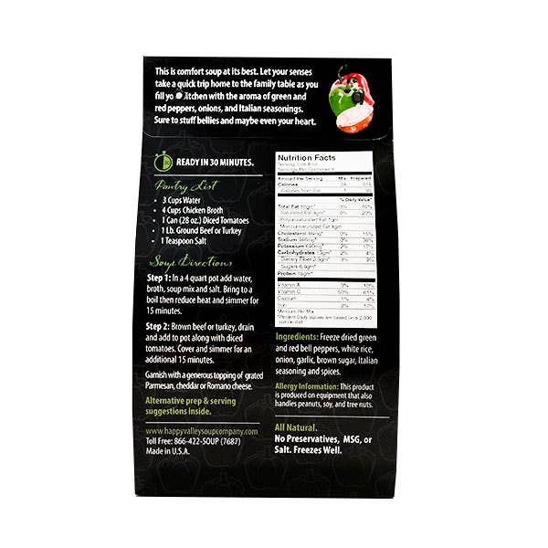 Back of a soup package with text, nutrition facts, and ingredients.