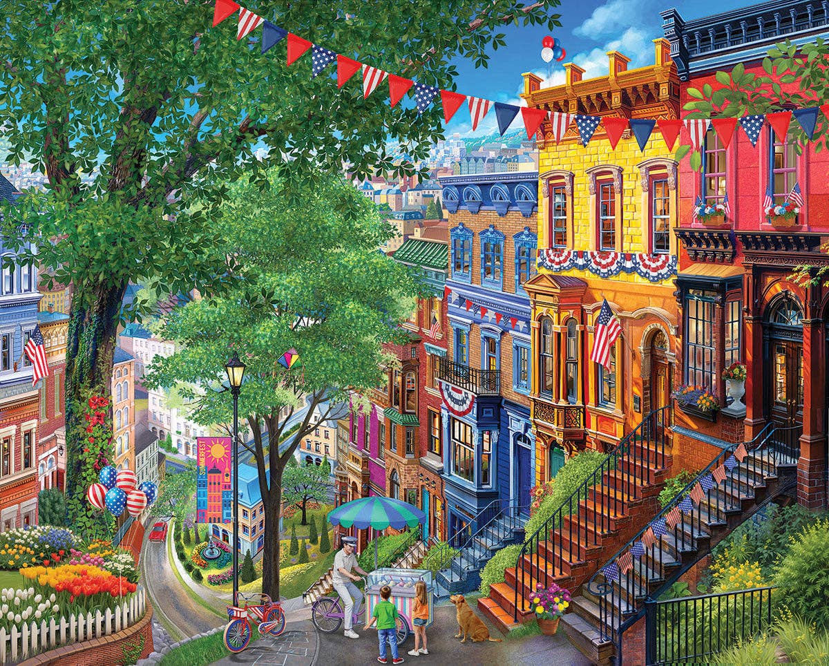 A colorful illustrated street scene with multi-story townhouses, trees, bunting, flags, stairs, and small people gathered outdoors. The artwork appears to be the product itself rather than a photo of a physical object in a room, so this fits Scenery.
