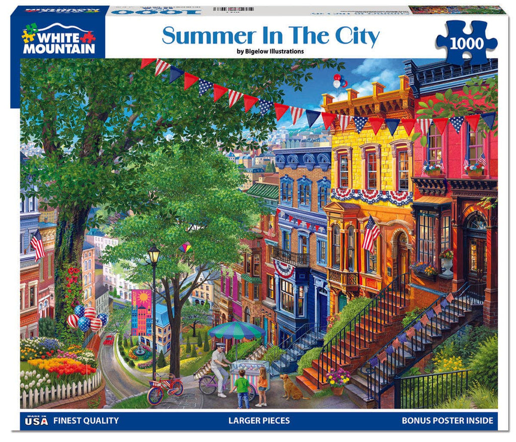 Jigsaw puzzle box featuring a colorful city street scene with buildings and people, labeled 'Summer in the City' by White Mountain Puzzles.