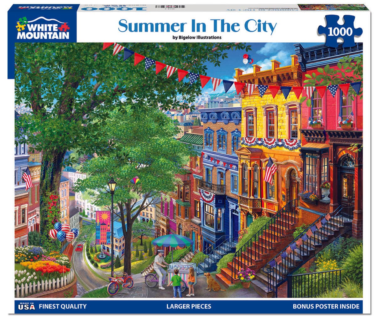 Jigsaw puzzle box featuring a colorful city street scene with buildings and people, labeled 'Summer in the City' by White Mountain Puzzles.