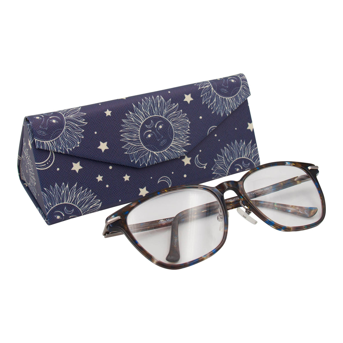 Pair of glasses with a navy case featuring celestial designs on a white background
