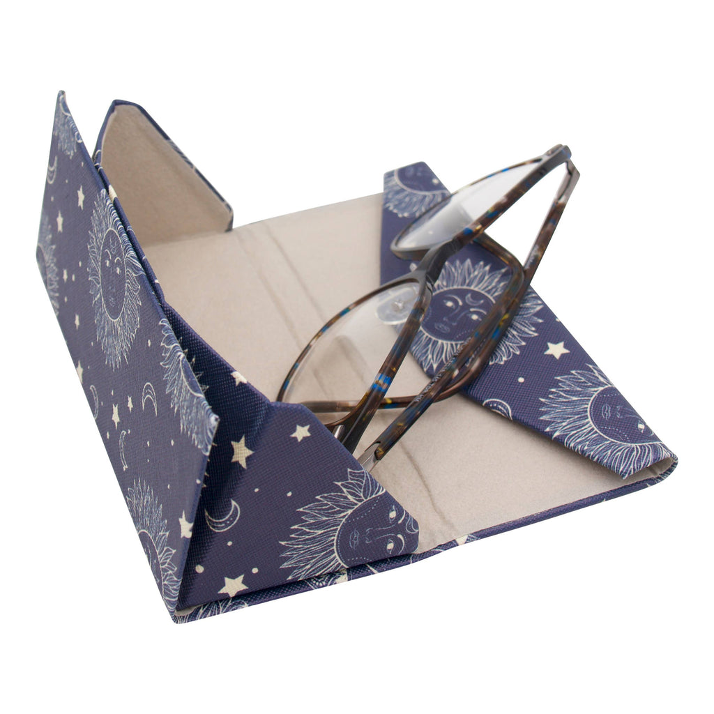 Elegant eyeglass case with celestial design on a white background
