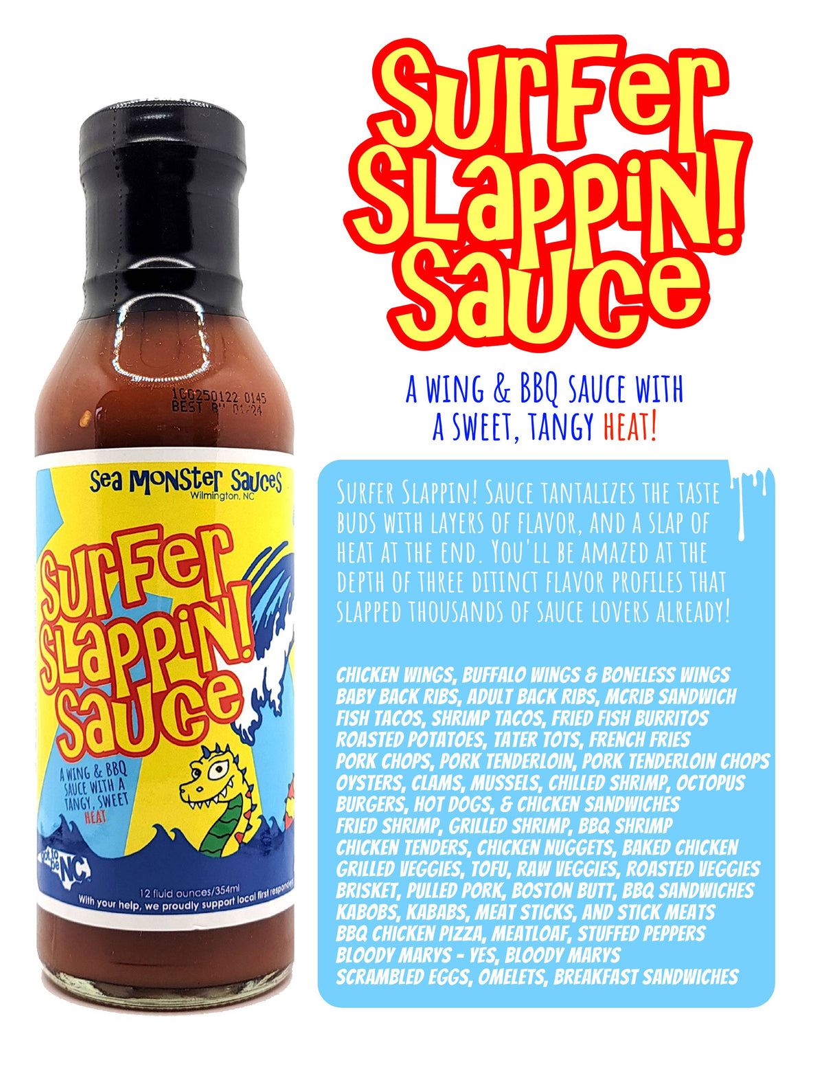 Surfer Slappin' Sauce bottle with label and text on a white background

