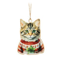 Cat-shaped Christmas ornament with a sweater design on a white background