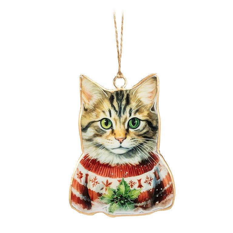 Cat-shaped Christmas ornament with a sweater design on a white background