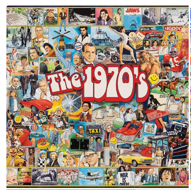 Collage of images from the 1970s on a puzzle box