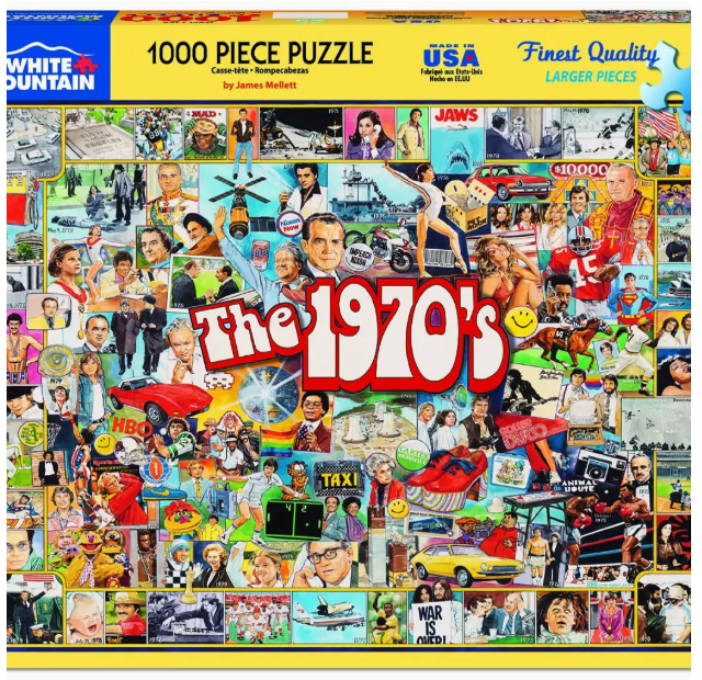 Jigsaw puzzle box featuring images from the 1970s with 'White Mountain Puzzles' branding.
