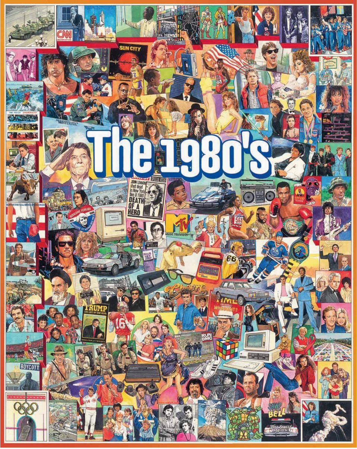 Collage of images representing the 1980s with various people, objects, and scenes.