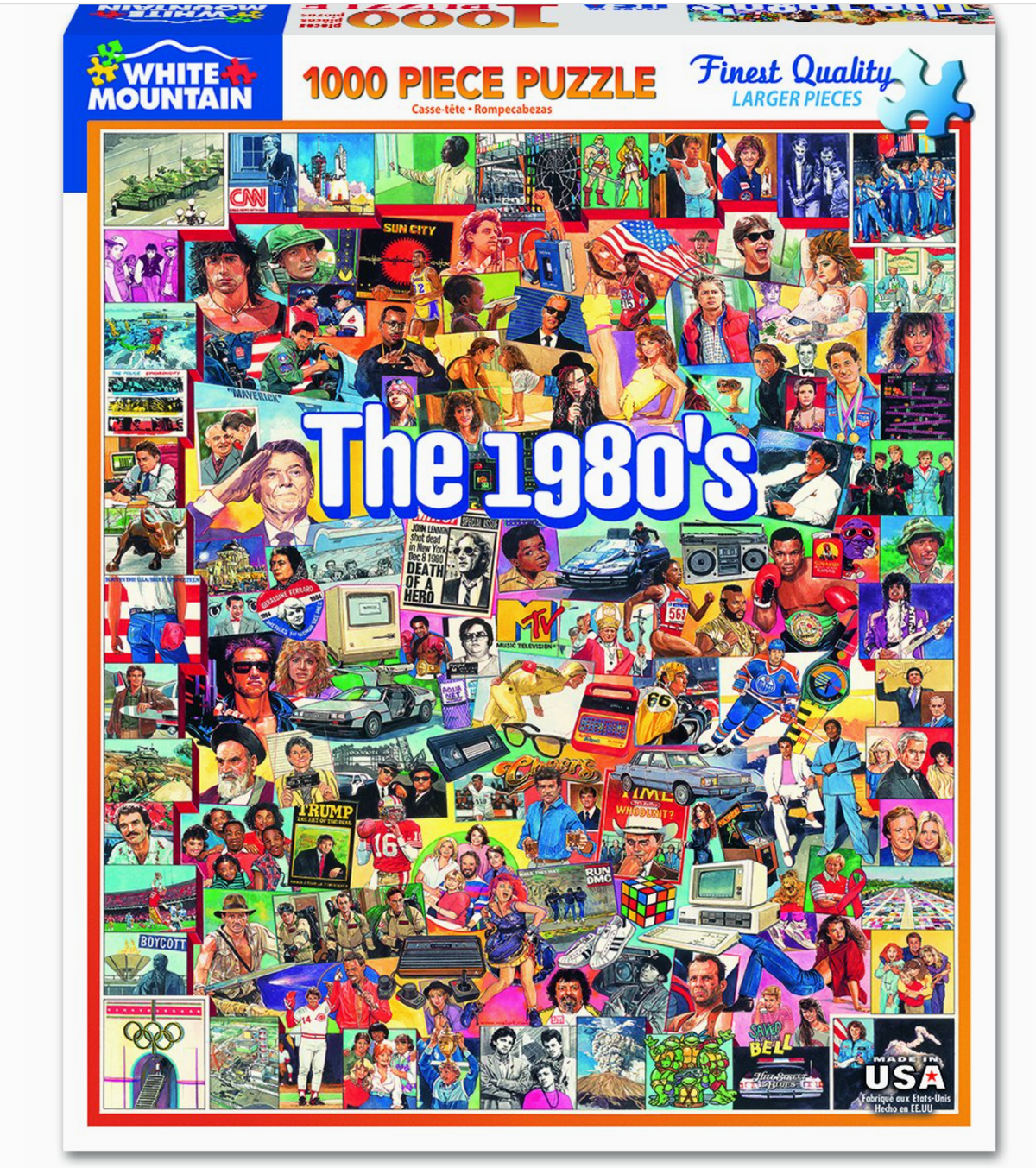 Jigsaw puzzle box featuring images from the 1980s on a colorful background