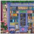 Illustration of a quaint bookshop named 'The Little Book Shop' with shelves filled with books, potted plants, and decorative elements.
