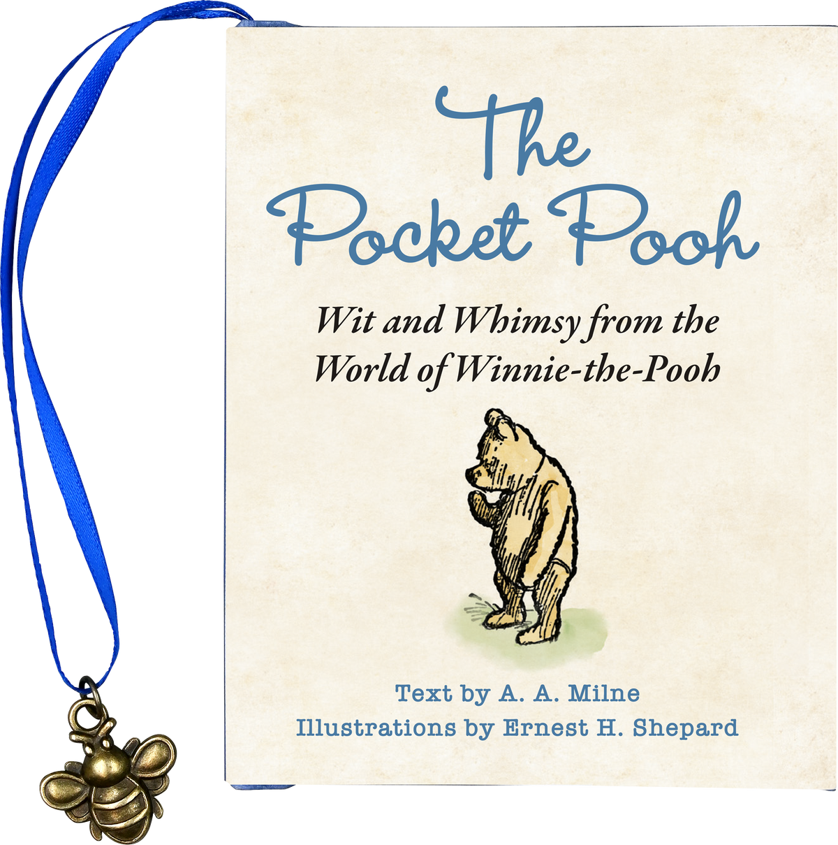 Book titled 'The Pocket Pooh' with a blue ribbon and bee charm on a white background