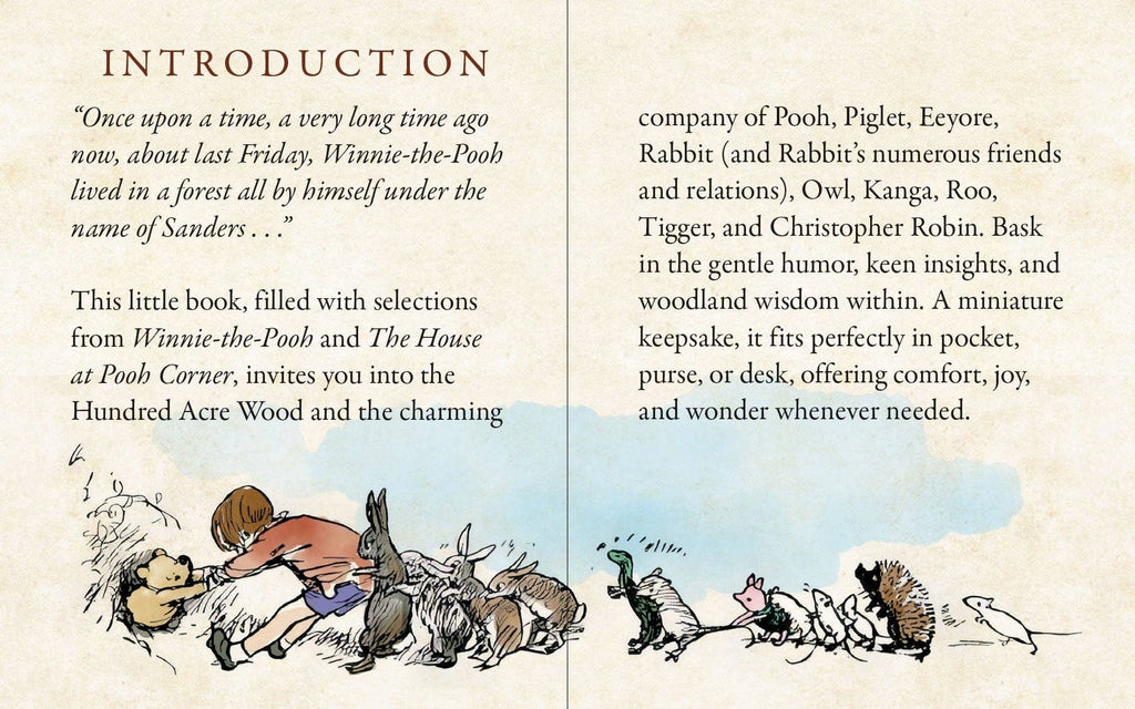 Winnie-the-Pooh book introduction with illustrations of characters and text.