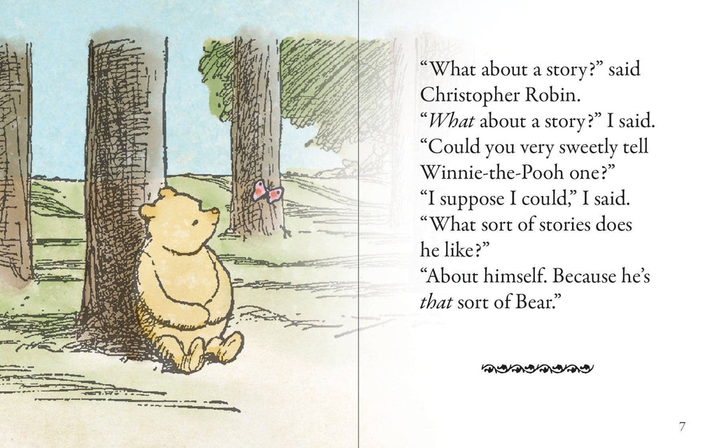 Illustration of a bear sitting in a forest with text from 'Winnie the Pooh' book.