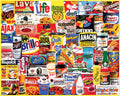 A dense collage of many colorful vintage soda, snack, candy, and beverage cans and boxes filling the frame, with no person, animal, or real environment visible.