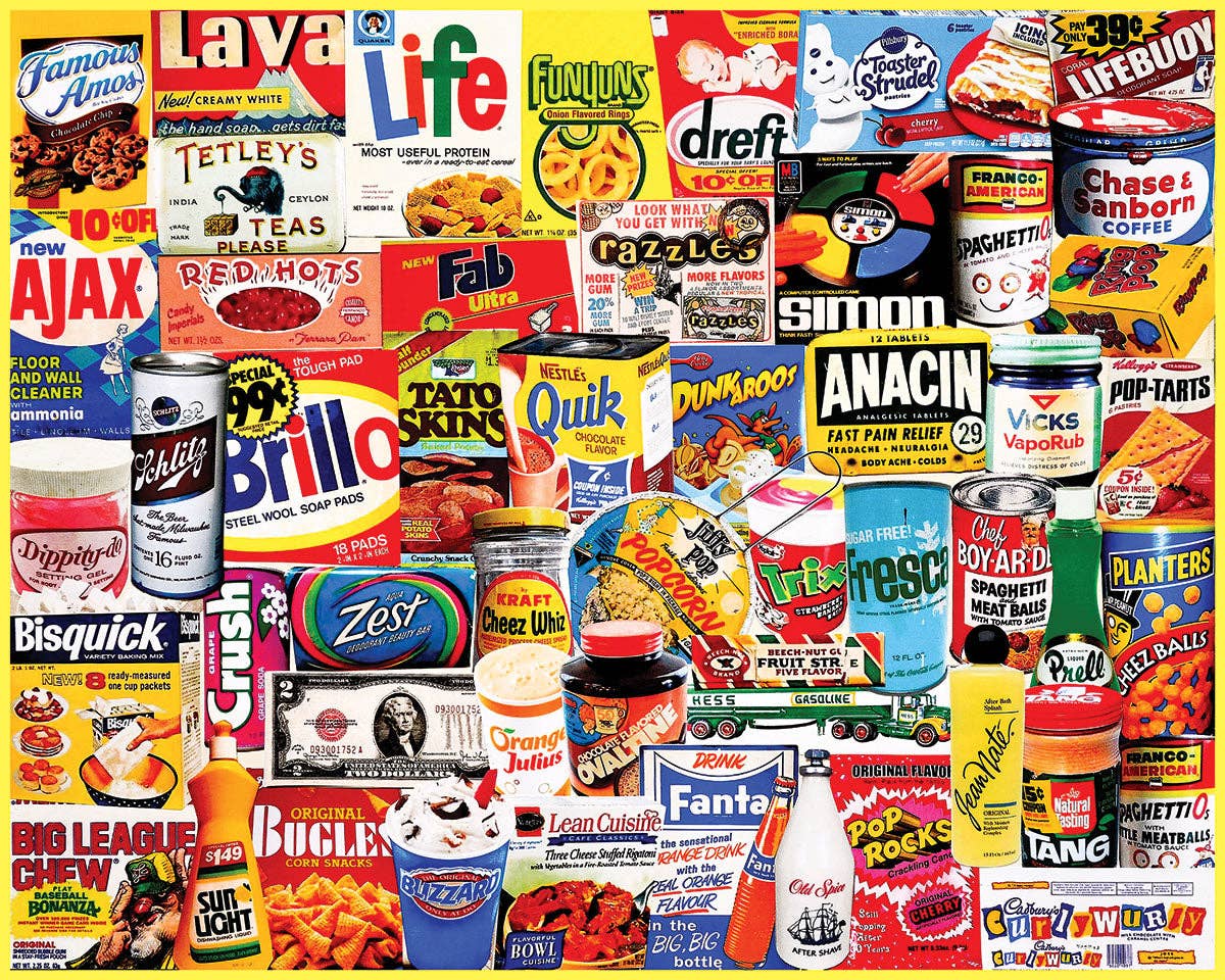 A dense collage of many colorful vintage soda, snack, candy, and beverage cans and boxes filling the frame, with no person, animal, or real environment visible.