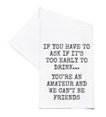 White towel with black text message on a white background