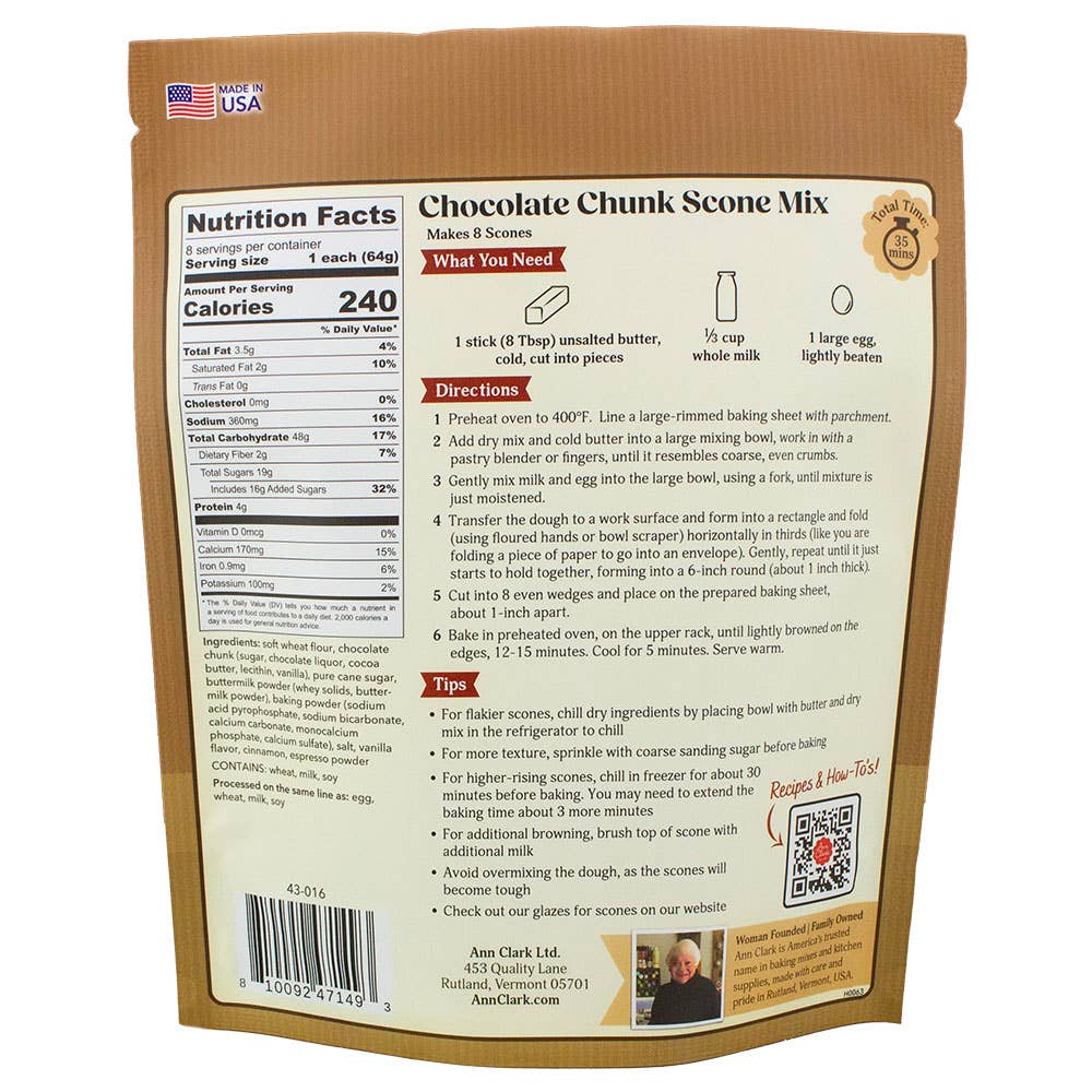 Back of a brown paper bag of Ann Clark's Chocolate Chunk Scone Mix, showing the nutrition facts, ingredients list, directions, tips, and barcode.
