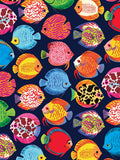 Pattern of colorful fish on a dark blue background