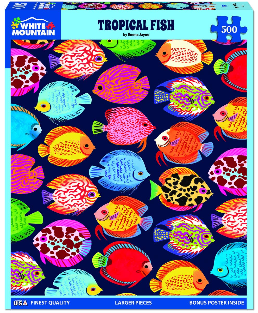White Mountain brand 500-piece jigsaw puzzle box featuring a colorful tropical fish pattern on a dark navy background.