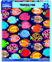 Load image into Gallery viewer, White Mountain brand 500-piece jigsaw puzzle box featuring a colorful tropical fish pattern on a dark navy background.
