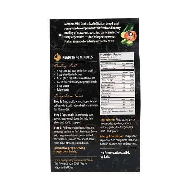 Back of a food package with text, nutrition facts, and ingredients on a black background
