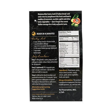 Load image into Gallery viewer, Back of a food package with text, nutrition facts, and ingredients on a black background

