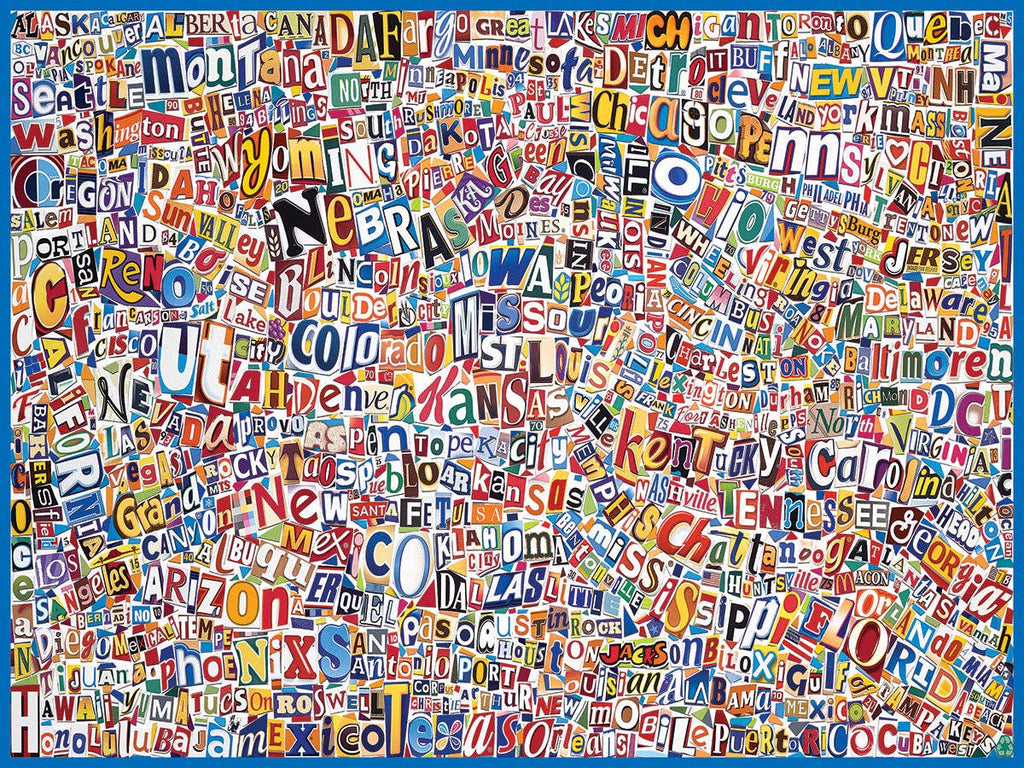 Map of the United States made from various colored letters